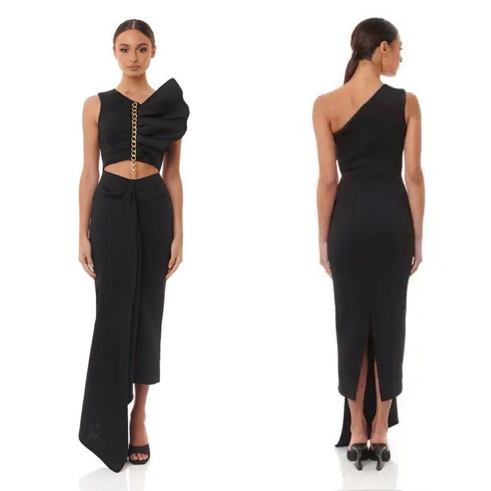 Eliya The Label Valorie Dress Black One Shoulder Chain Detail Aus L/ US M Glam